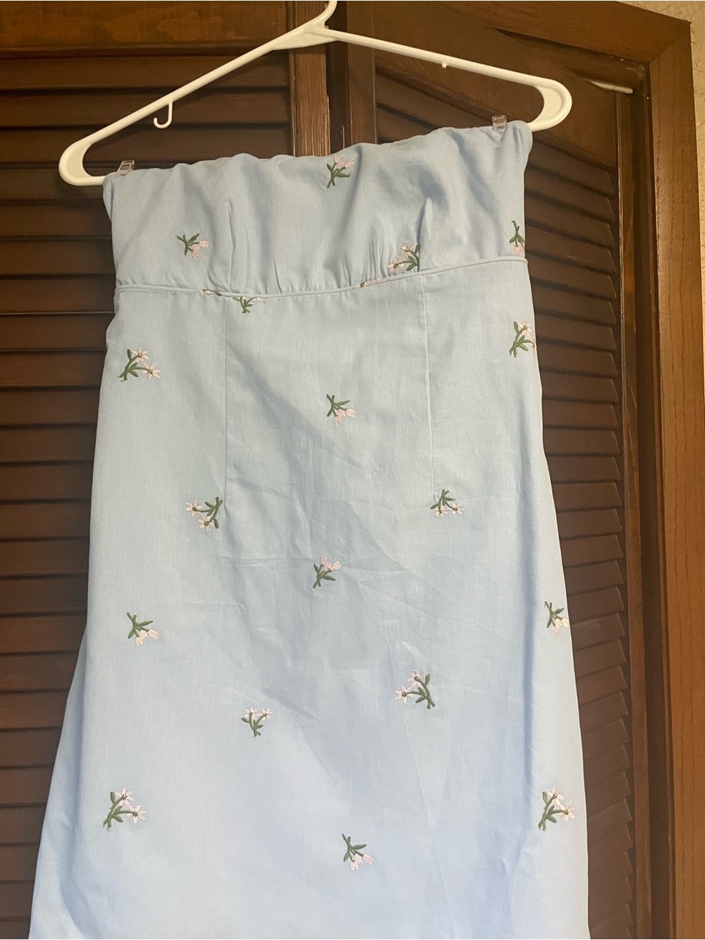 Strapless Mini Dress in Light Blue with Embroidered Florals